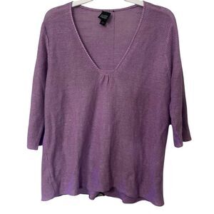 Eileen Fisher Boxy Knit Sweater Women Large Lavender V-Neck